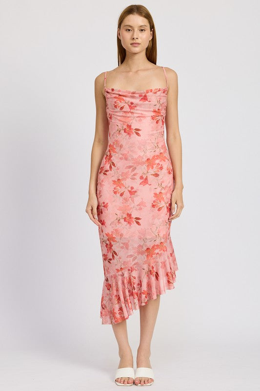 FLORAL ASYMMETRICAL DRESS WITH RUFFLE DETAIL CORAL S by Emory Park | Fleurcouture