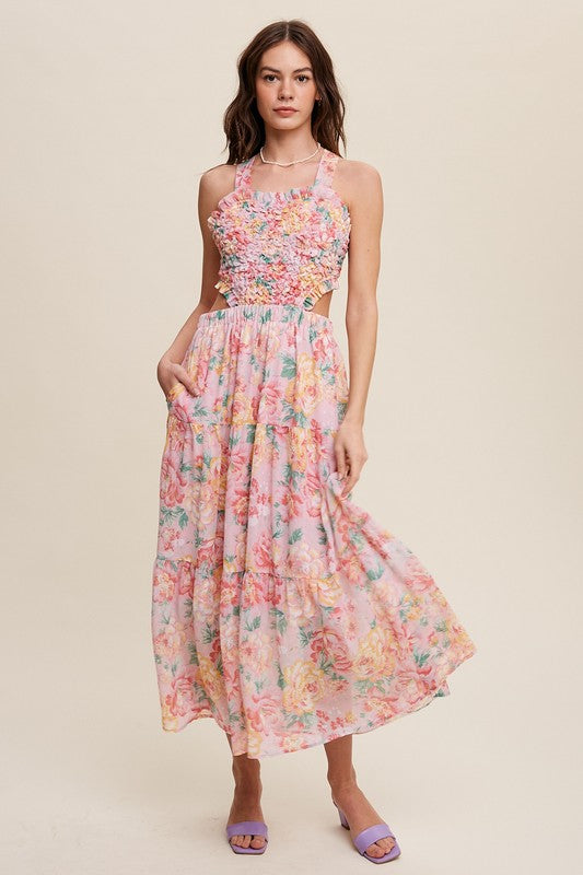 Floral Bubble Textured Two-Piece Style Maxi Dress Pink by Listicle | Fleurcouture