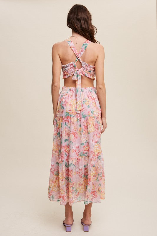 Floral Bubble Textured Two-Piece Style Maxi Dress Pink by Listicle | Fleurcouture