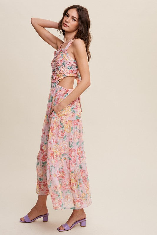 Floral Bubble Textured Two-Piece Style Maxi Dress Pink by Listicle | Fleurcouture