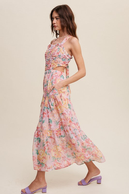 Floral Bubble Textured Two-Piece Style Maxi Dress Pink by Listicle | Fleurcouture