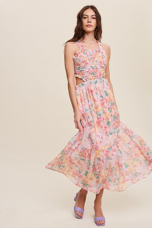 Floral Bubble Textured Two-Piece Style Maxi Dress Pink by Listicle | Fleurcouture