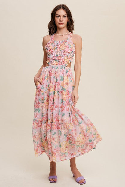 Floral Bubble Textured Two-Piece Style Maxi Dress Pink by Listicle | Fleurcouture