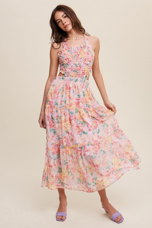 Floral Bubble Textured Two-Piece Style Maxi Dress Pink by Listicle | Fleurcouture