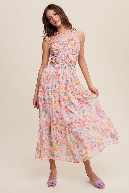 Floral Bubble Textured Two-Piece Style Maxi Dress Pink by Listicle | Fleurcouture