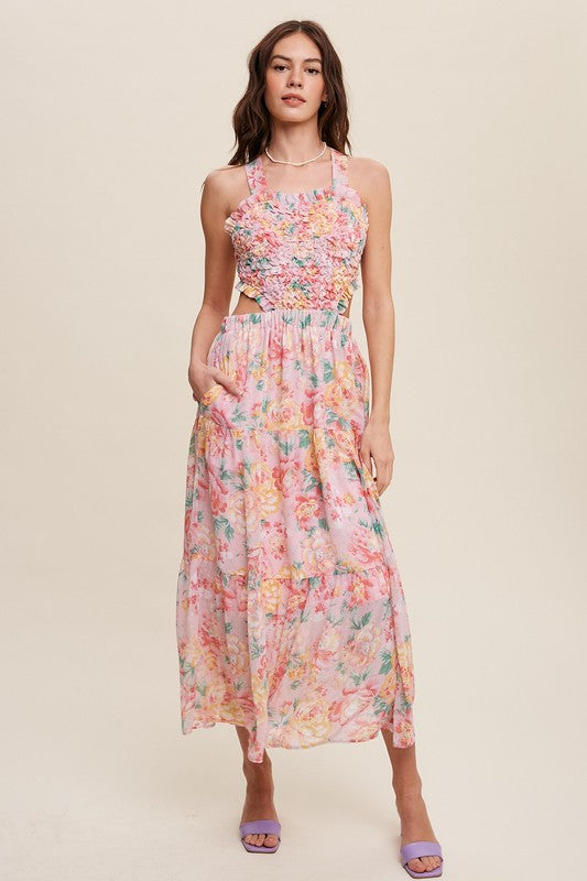 Floral Bubble Textured Two-Piece Style Maxi Dress Pink by Listicle | Fleurcouture