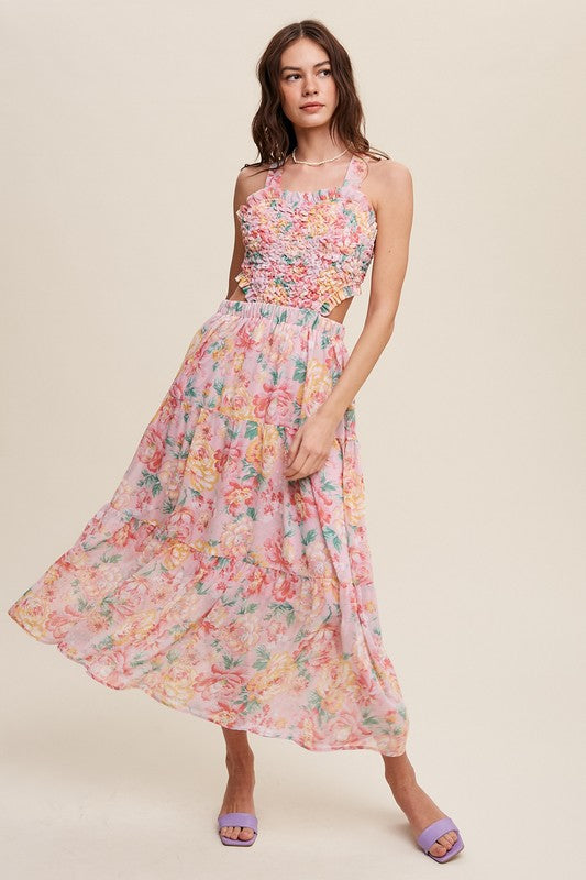 Floral Bubble Textured Two-Piece Style Maxi Dress Pink by Listicle | Fleurcouture