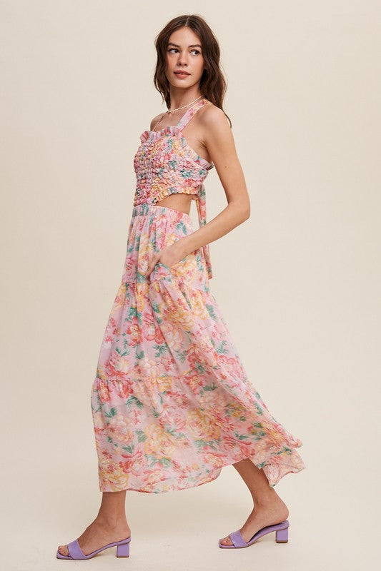 Floral Bubble Textured Two-Piece Style Maxi Dress Pink by Listicle | Fleurcouture