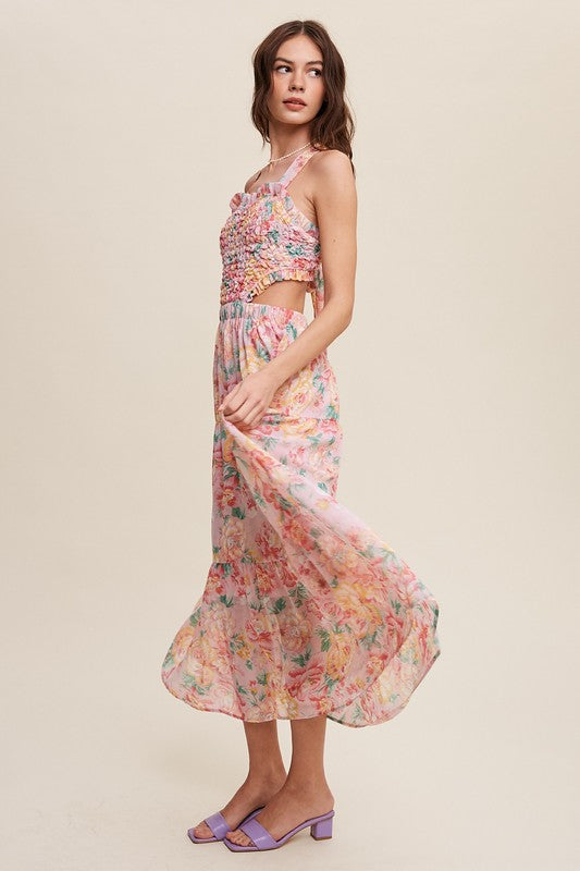 Floral Bubble Textured Two-Piece Style Maxi Dress Pink by Listicle | Fleurcouture