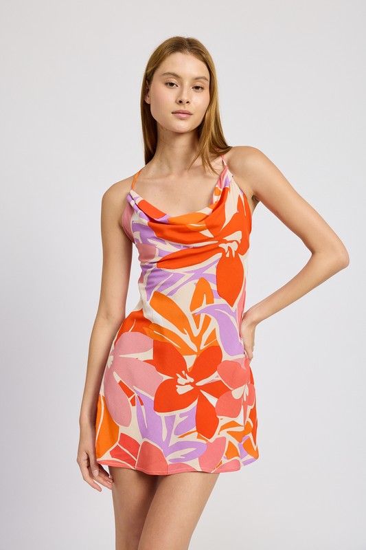 FLORAL COWL NECK CAMI DRESS ORANGE FLORAL S by Emory Park | Fleurcouture