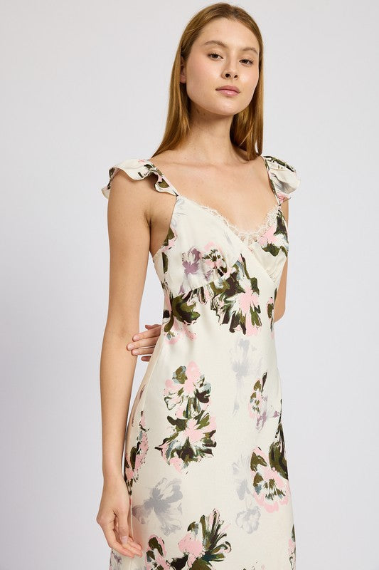 FLORAL MIDI DRESS WITH LACE DETAIL PINK FLORAL by Emory Park | Fleurcouture
