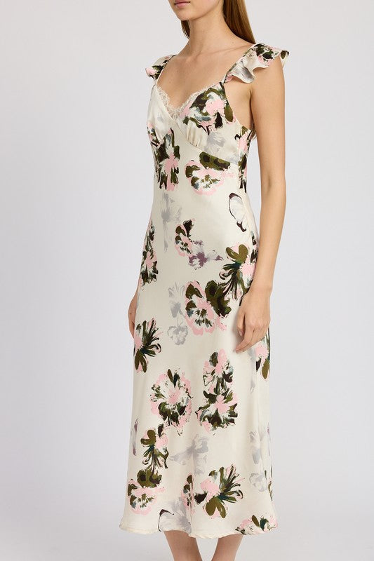 FLORAL MIDI DRESS WITH LACE DETAIL PINK FLORAL by Emory Park | Fleurcouture