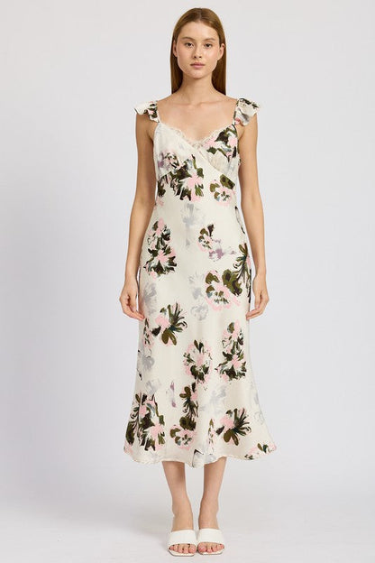 FLORAL MIDI DRESS WITH LACE DETAIL PINK FLORAL by Emory Park | Fleurcouture