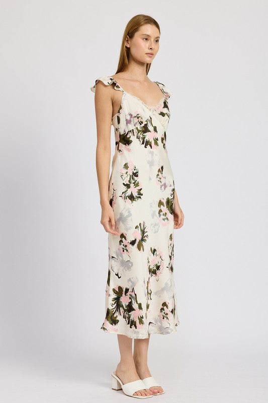 FLORAL MIDI DRESS WITH LACE DETAIL PINK FLORAL by Emory Park | Fleurcouture