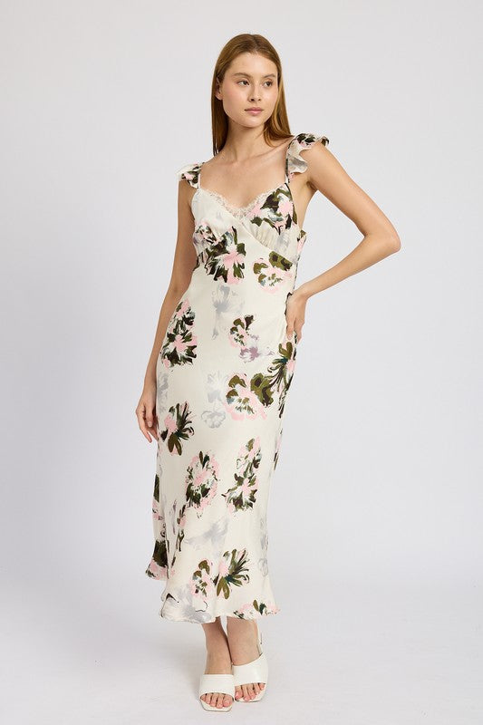 FLORAL MIDI DRESS WITH LACE DETAIL PINK FLORAL S by Emory Park | Fleurcouture