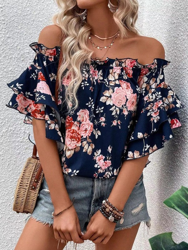 Floral off shoulder blouse Navy S by Miss Sparkling | Fleurcouture
