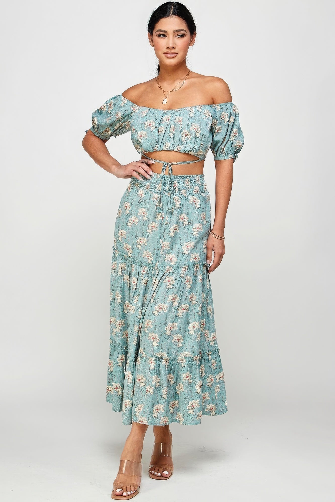 Floral Off Shoulder Sleeve Back Tie Top Skirt Set by Fleurcouture | Fleurcouture