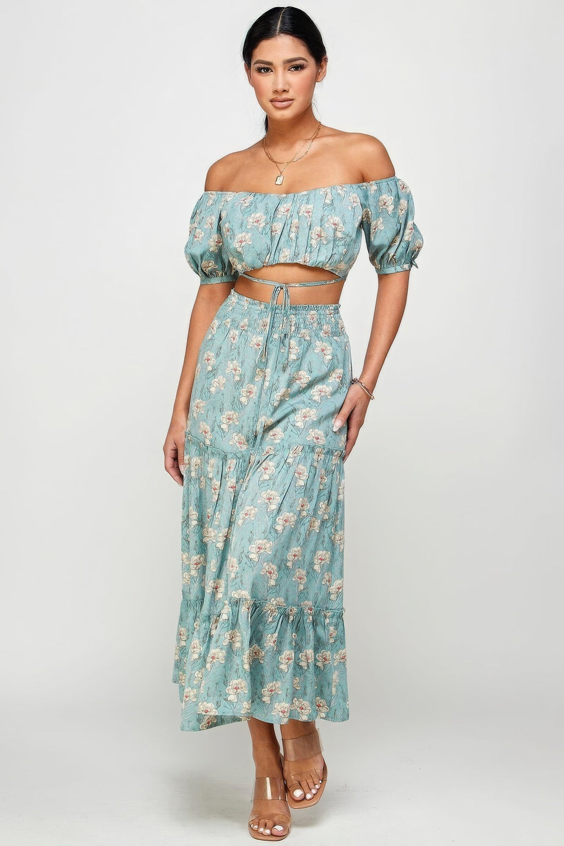 Floral Off Shoulder Sleeve Back Tie Top Skirt Set by Fleurcouture | Fleurcouture