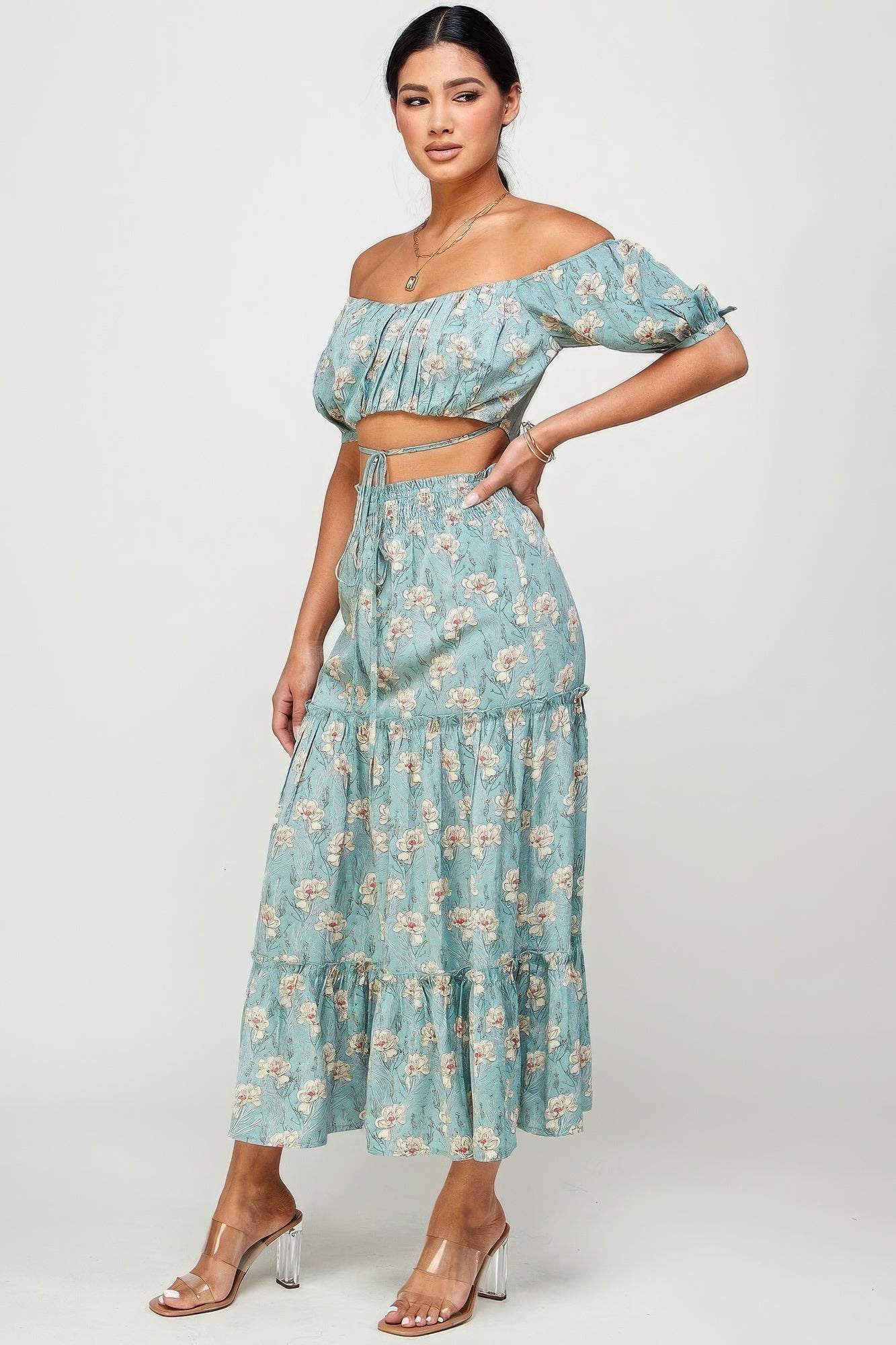 Floral Off Shoulder Sleeve Back Tie Top Skirt Set by Fleurcouture | Fleurcouture