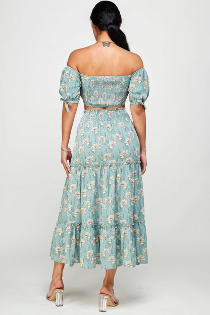 Floral Off Shoulder Sleeve Back Tie Top Skirt Set by Fleurcouture | Fleurcouture