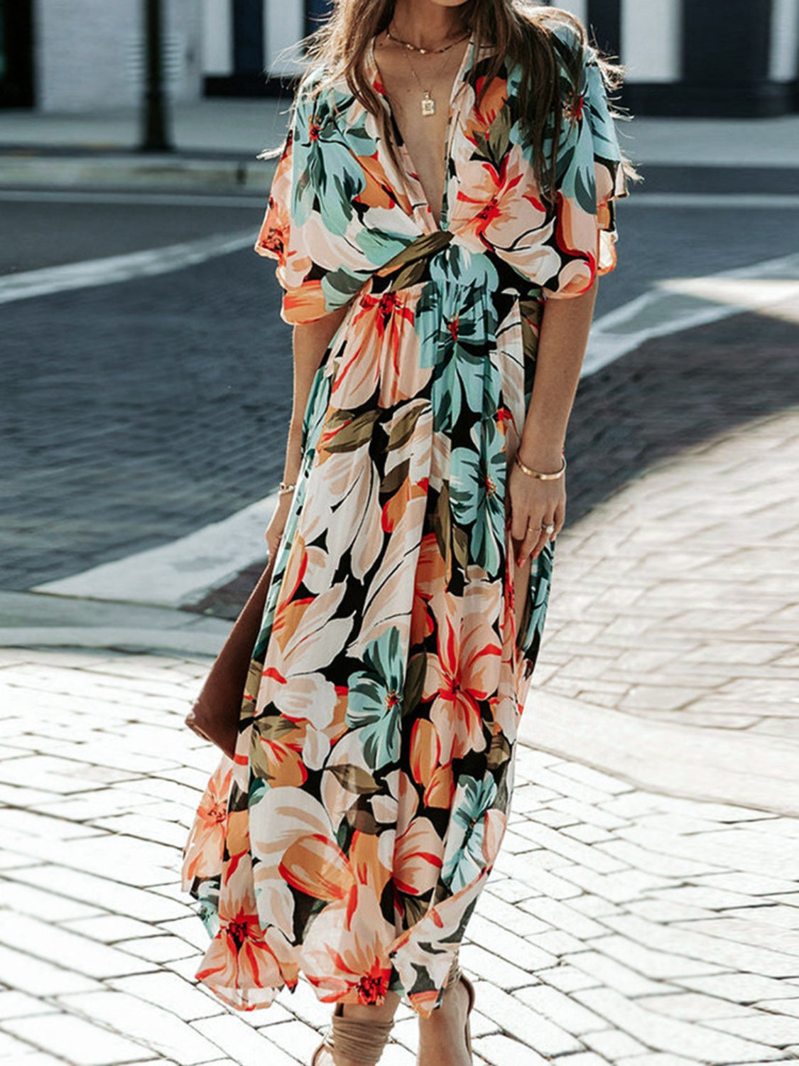 Floral Plunge Half Sleeve Dress Floral Women&