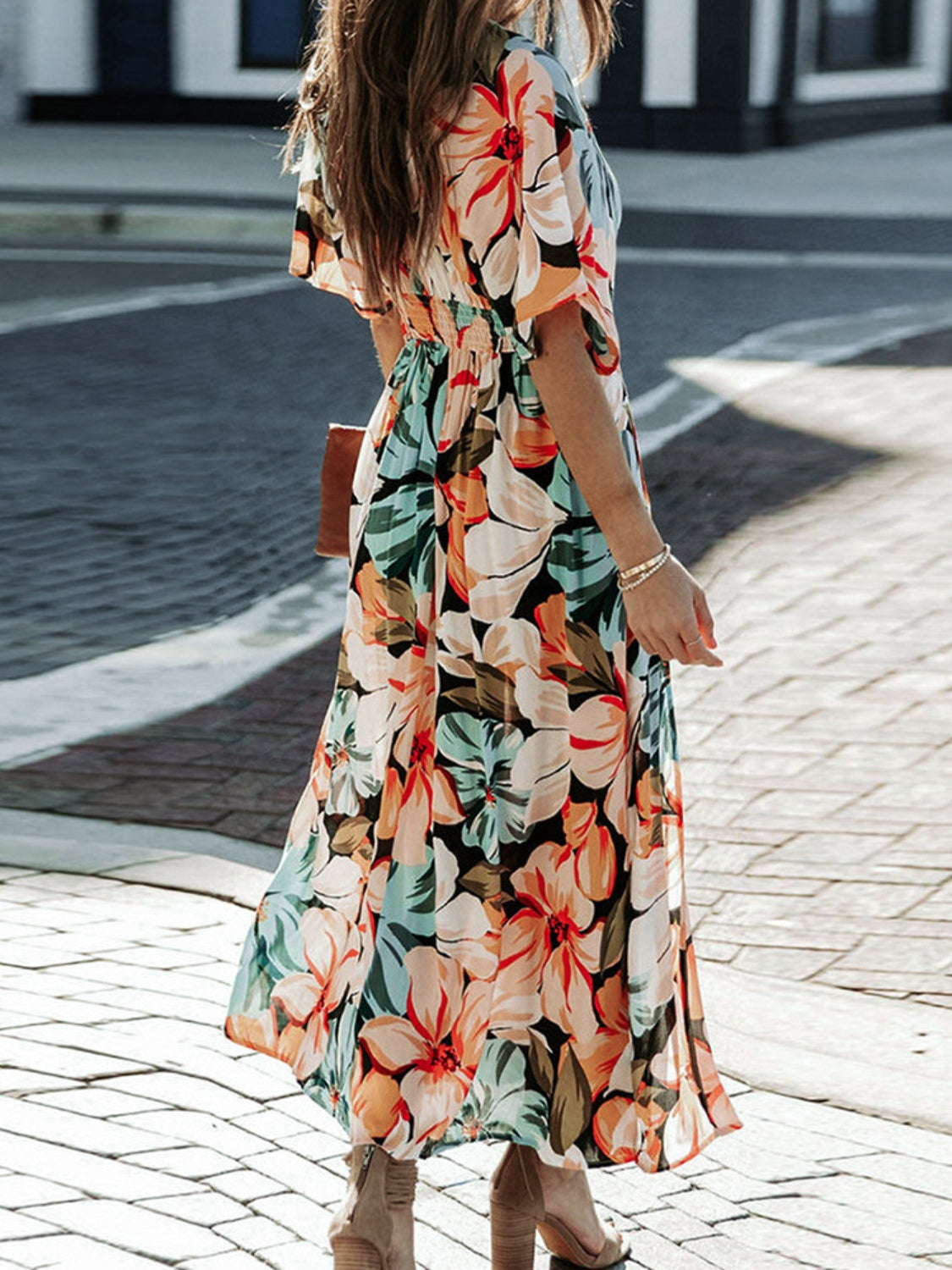 Floral Plunge Half Sleeve Dress Floral Women&