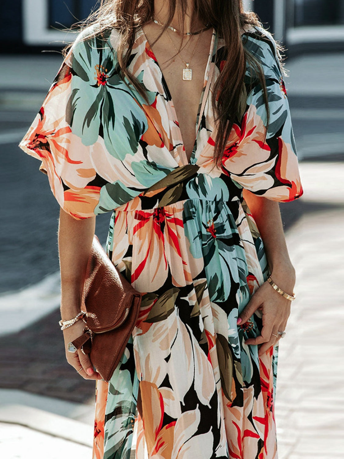 Floral Plunge Half Sleeve Dress Floral Women&