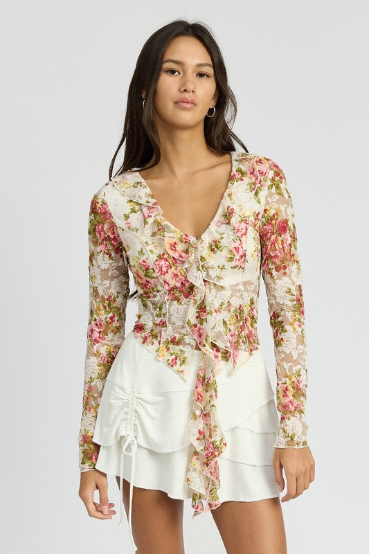 FLORAL PRINT BLOUSE WITH RUFFLE DETAIL IVORY PINK S by Emory Park | Fleurcouture