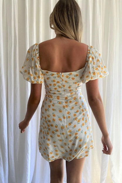 Floral Print Puff Sleeve Mini Dress WHITE by One and Only Collective Inc | Fleurcouture