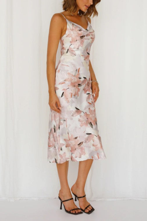 Floral Print Satin Midi Dress BLUSH by One and Only Collective Inc | Fleurcouture