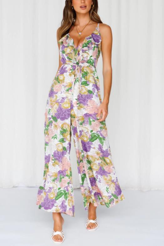 Floral Print Wide Leg Jumpsuit PURPLE PRINT S by One and Only Collective Inc | Fleurcouture