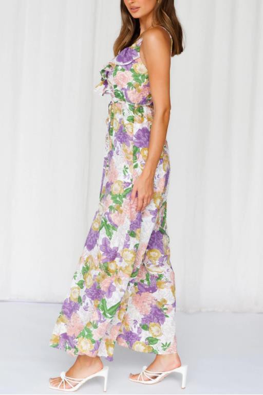 Floral Print Wide Leg Jumpsuit PURPLE PRINT S by One and Only Collective Inc | Fleurcouture