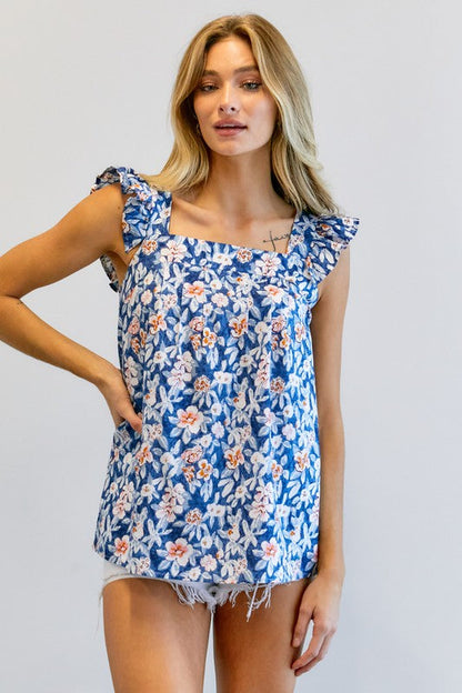 Floral Printed Ruffle Sleeveless Top Blue by Davi &amp; Dani | Fleurcouture