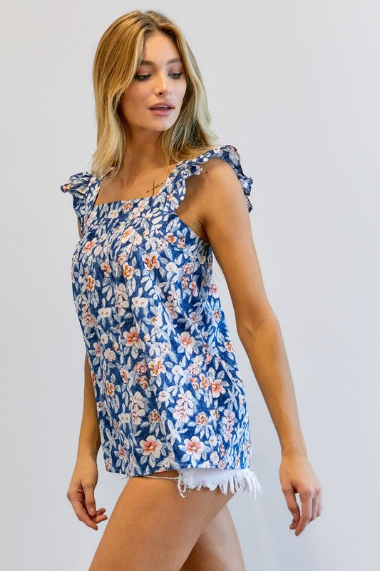 Floral Printed Ruffle Sleeveless Top Blue by Davi &amp; Dani | Fleurcouture