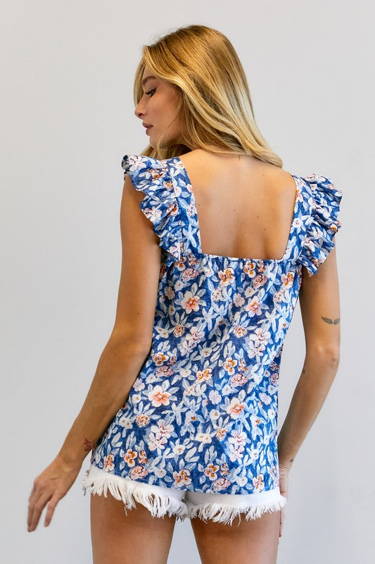 Floral Printed Ruffle Sleeveless Top Blue by Davi &amp; Dani | Fleurcouture