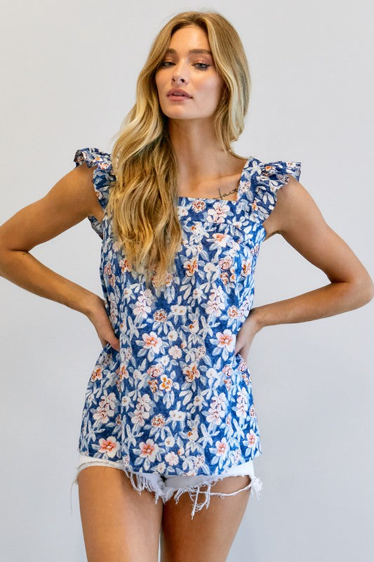 Floral Printed Ruffle Sleeveless Top Blue by Davi &amp; Dani | Fleurcouture