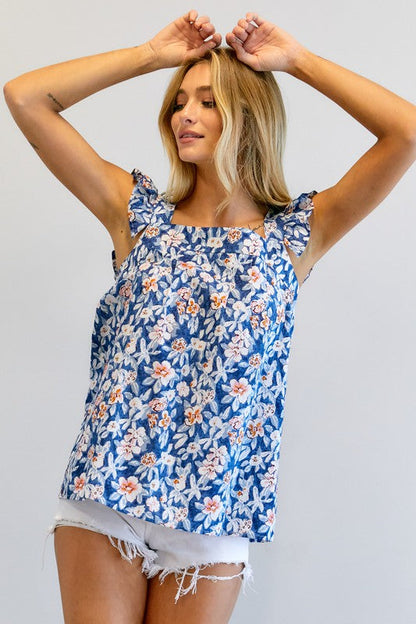 Floral Printed Ruffle Sleeveless Top Blue by Davi &amp; Dani | Fleurcouture