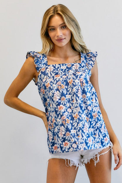 Floral Printed Ruffle Sleeveless Top Blue by Davi &amp; Dani | Fleurcouture