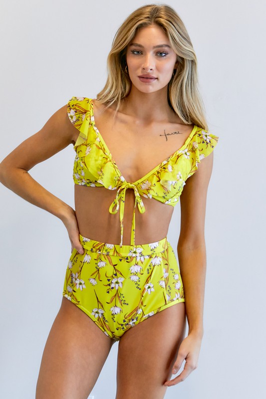 Floral Printed Swimwear Set Yellow by Davi &amp; Dani | Fleurcouture