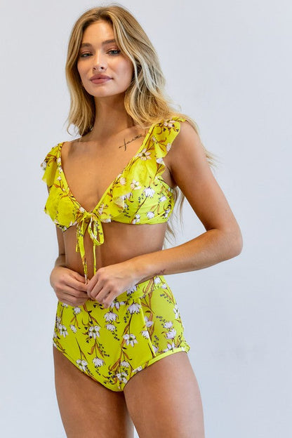 Floral Printed Swimwear Set Yellow S by Davi &amp; Dani | Fleurcouture