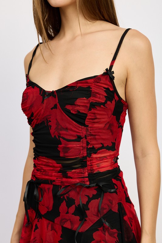 FLORAL RUCHED CORSET TOP RED BLACK by Emory Park | Fleurcouture