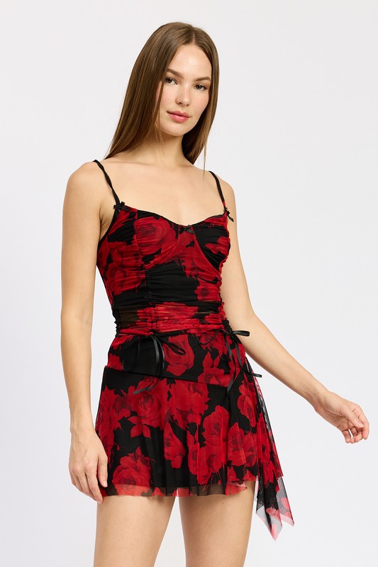 FLORAL RUCHED CORSET TOP RED BLACK by Emory Park | Fleurcouture