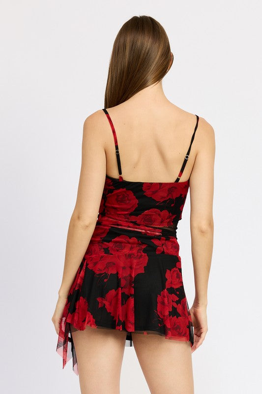 FLORAL RUCHED CORSET TOP RED BLACK by Emory Park | Fleurcouture