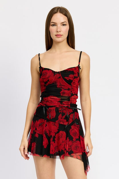 FLORAL RUCHED CORSET TOP RED BLACK S by Emory Park | Fleurcouture