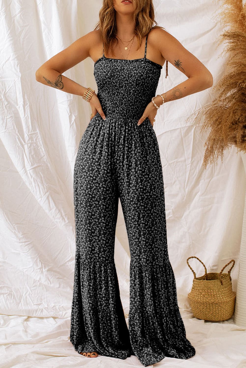 Floral Spaghetti Strap Wide Leg Jumpsuit Black Jumpsuits by Trendsi | Fleurcouture