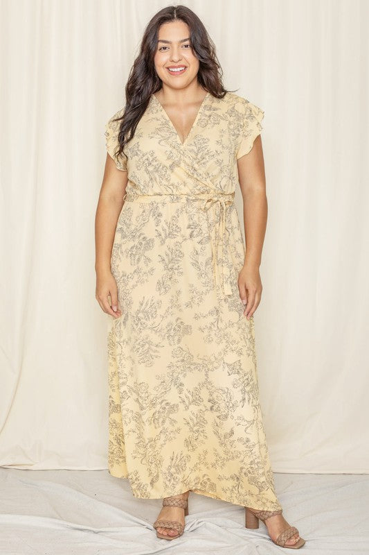 Floral Surplice Sash Sundress no lining pale yellow 1X by EG fashion | Fleurcouture