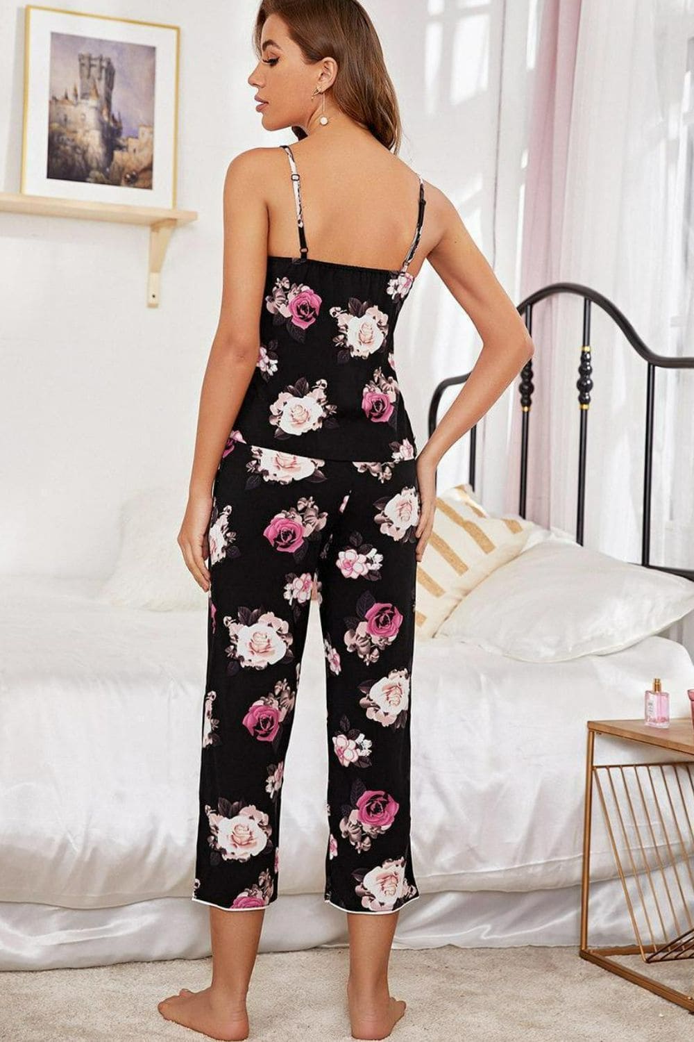 Floral V-Neck Cami and Cropped Pants Lounge Set Floral by Trendsi | Fleurcouture