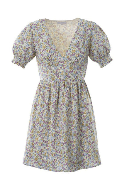 Floral V neck dress Yellow violet floral by Lilou | Fleurcouture