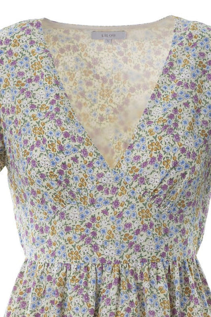 Floral V neck dress Yellow violet floral by Lilou | Fleurcouture