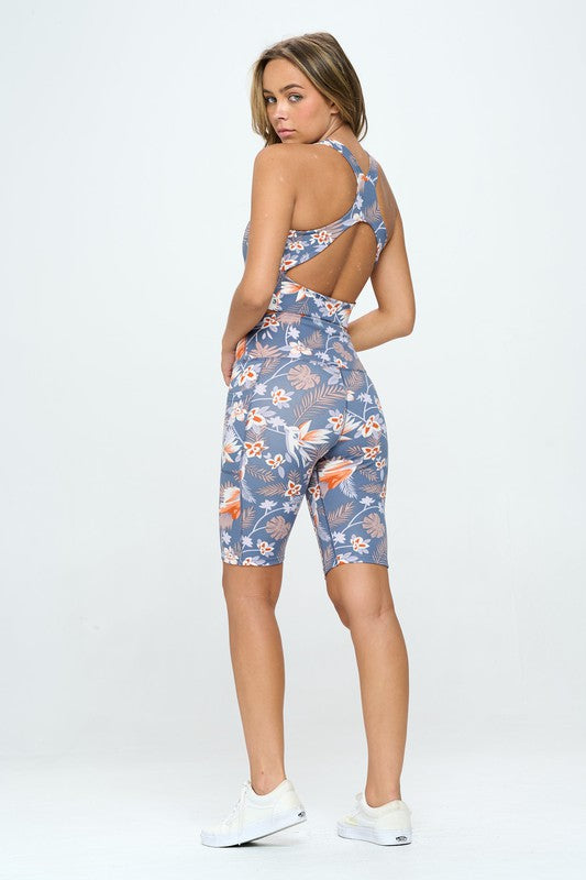 Flowers print activewear set Blue Grey by OTOS Active | Fleurcouture